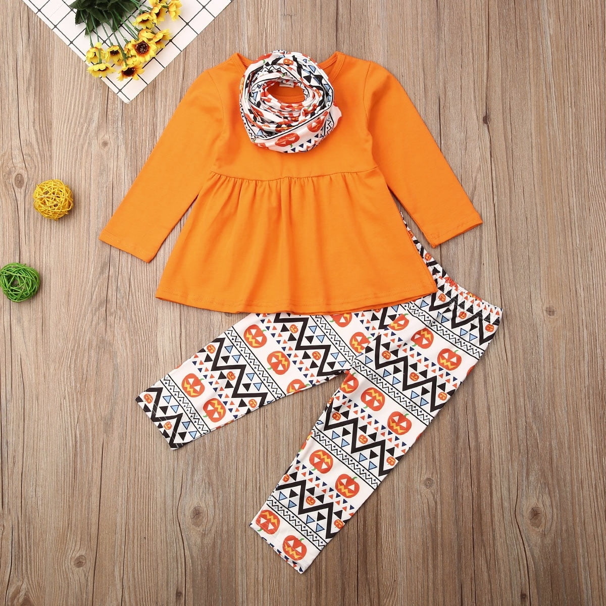 Pumpkin Top Ghost Star Long Leggings Pants Warm Scarves 3PCS Outfit Set Baby Girls Halloween Costumes