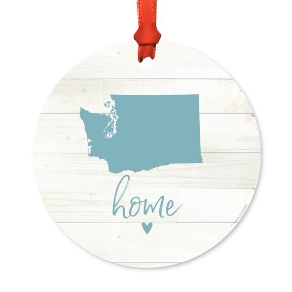 US State Round Metal Christmas Ornament, Rustic Light Wood Print, Washington Home, Includes Ribbon and Gift Bag