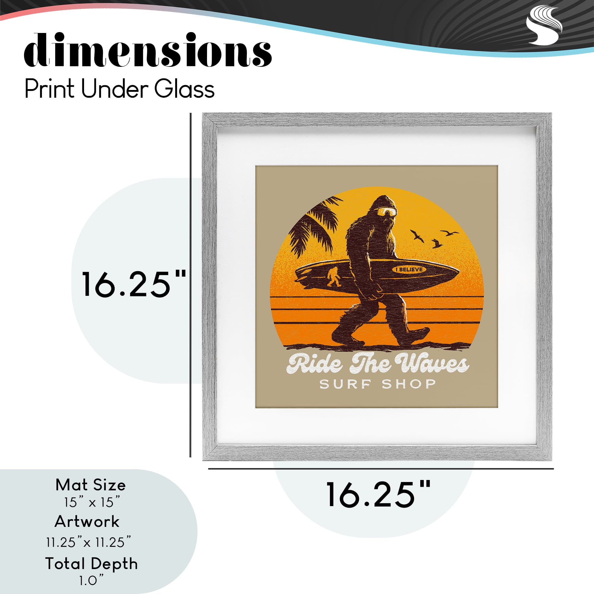 Ride The Waves Surf Shop Gray Framed Print Under Glass, design by Jedco Brands Inc.