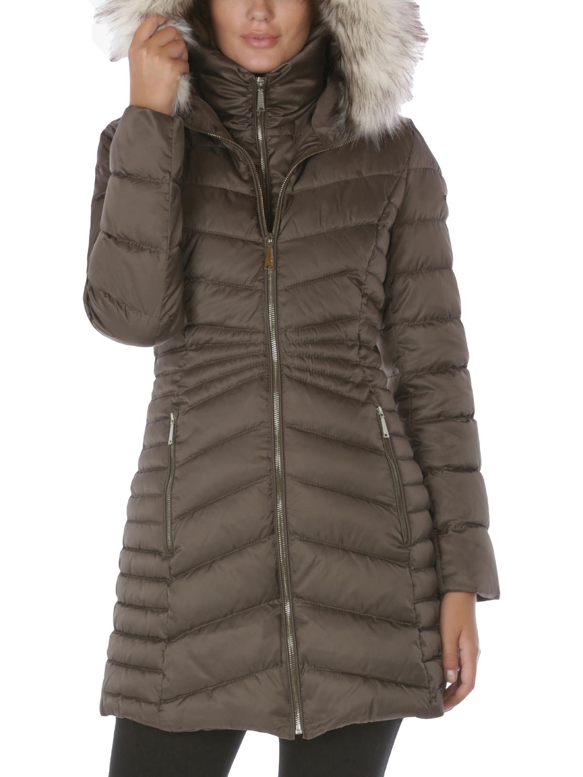 Bib Puffer Coat with Faux Fur Trim 