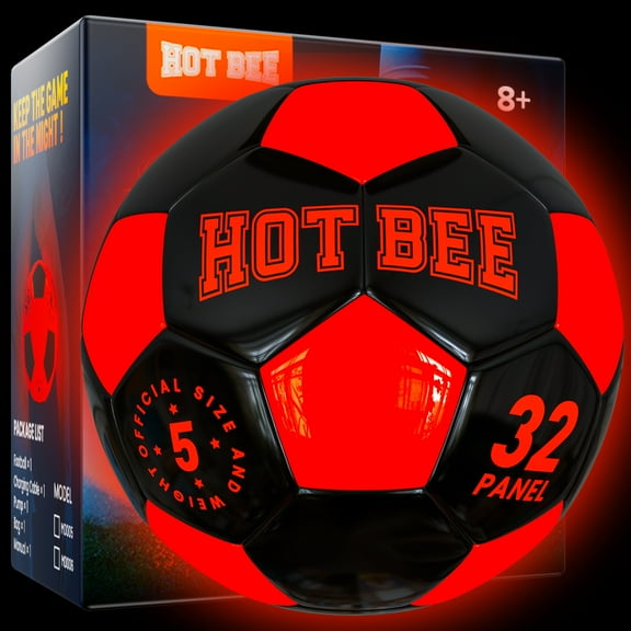 Hot Bee Black Light up Soccer Ball Official Size 5 for Kids 8-12, Rechargeable LED Leather Ball with Bag&Pump, Glow in the Dark Outside Toys for Boys Girls, Birthday Christmas Gift for Teens Adults