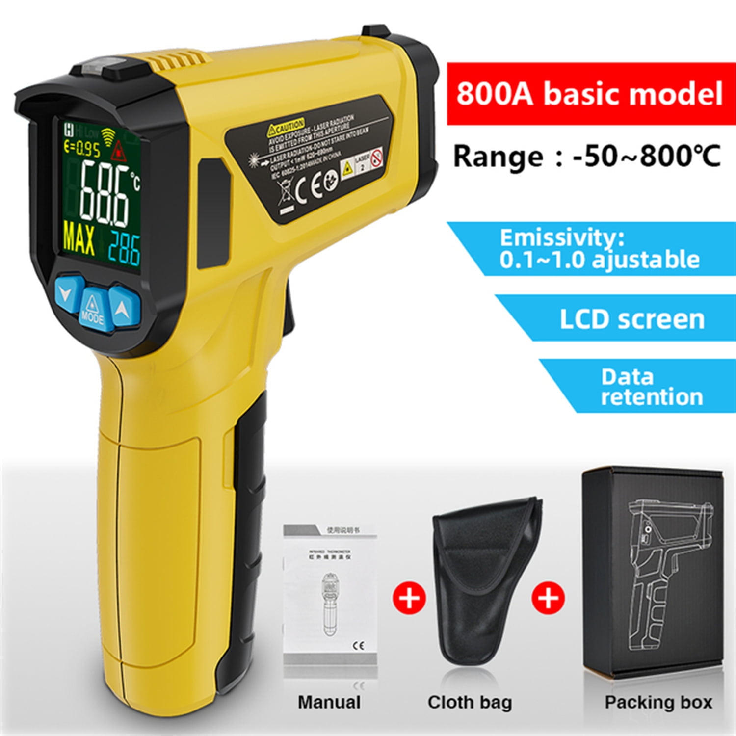 High Temperature Infrared Laser Electronic Thermometer Colorful Display