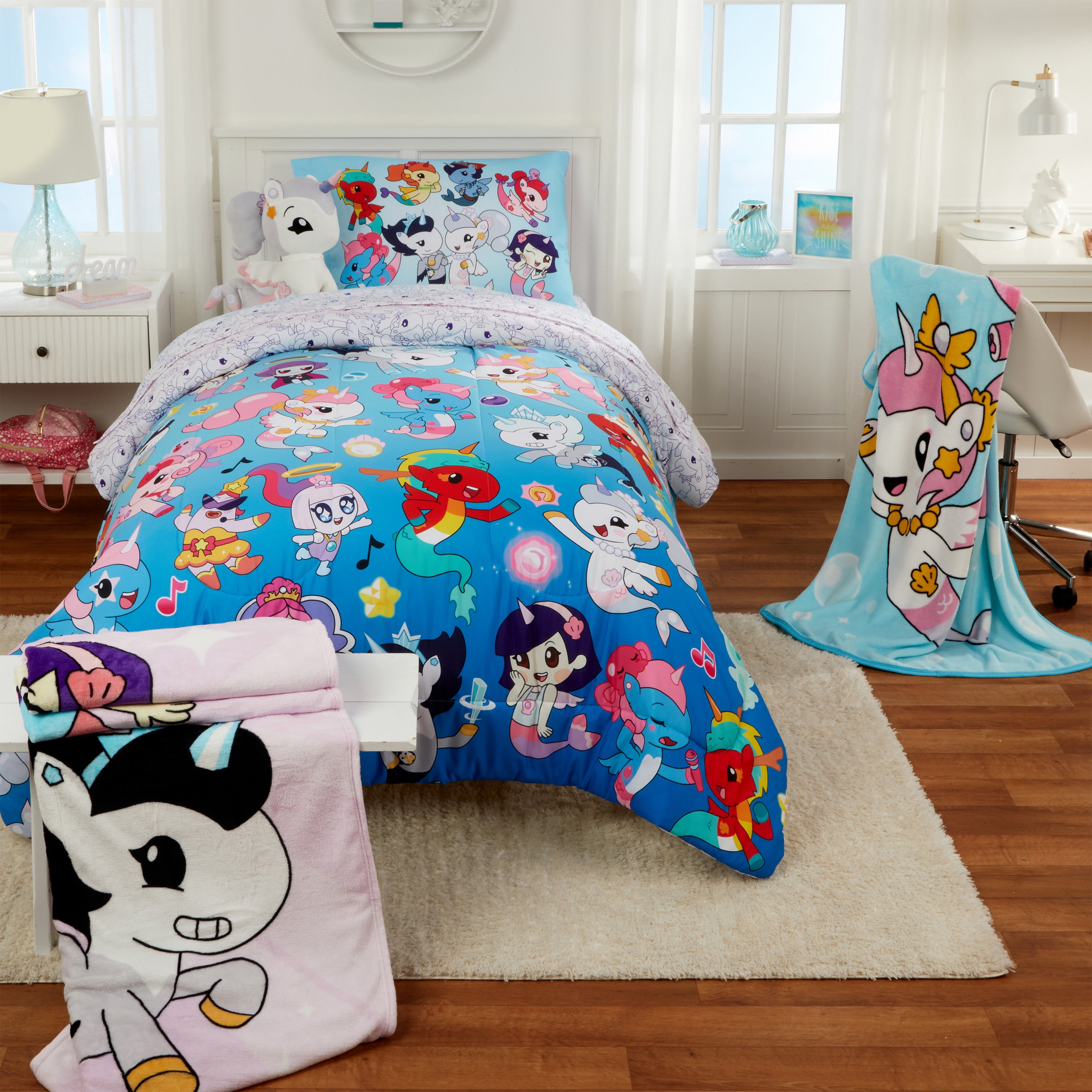 Mermicorno Starfall Kids 4 Piece Blue Reversible Comforter, Pillowcase, and Sheet Set, Twin