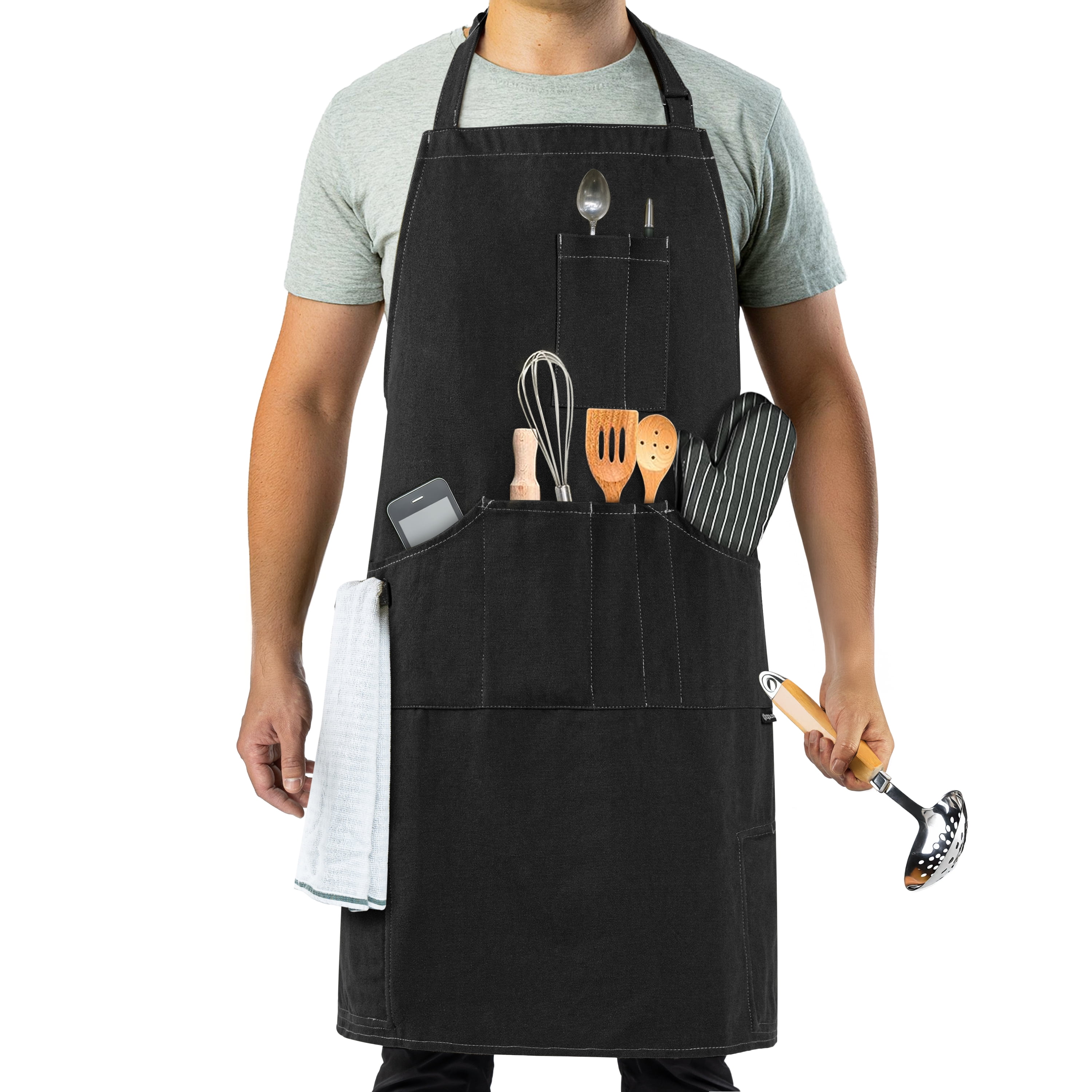 OPUX Chef Apron for Men, Canvas Apron with Pockets for Women, Large BBQ Apron for Kitchen Grilling Baking, Heavy Duty Work Apron with Adjustable Neck Strap for Barber Gardening, Black