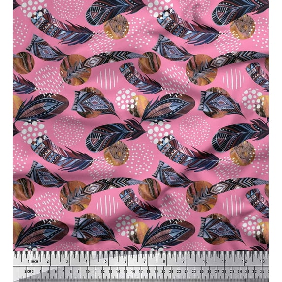 Soimoi Rayon Crepe Fabric Brush Stroke & Feather African Fabric Prints by Yard 46 Inch Wide