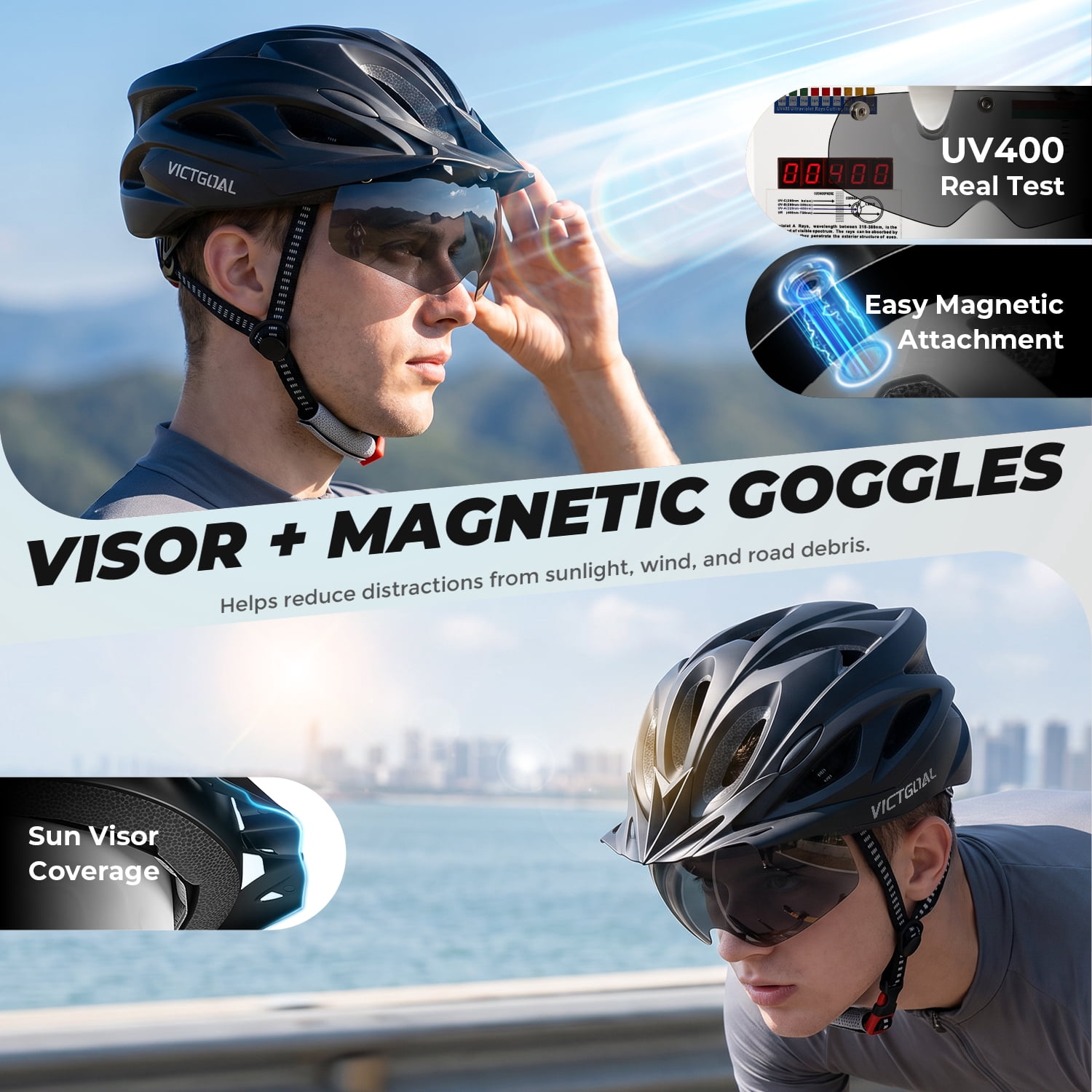 VICTGOAL Bike Helmet with Goggles & Visor – LED Light, Lightweight Cycling Helmet for Men Women MTB Road Ebike Scooter
