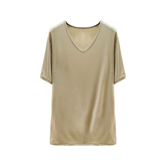 Htigea Womens V Neck T Shirts Soft Short Sleeve Tops Casual Loose Fit Summer Basic Tees Beige L