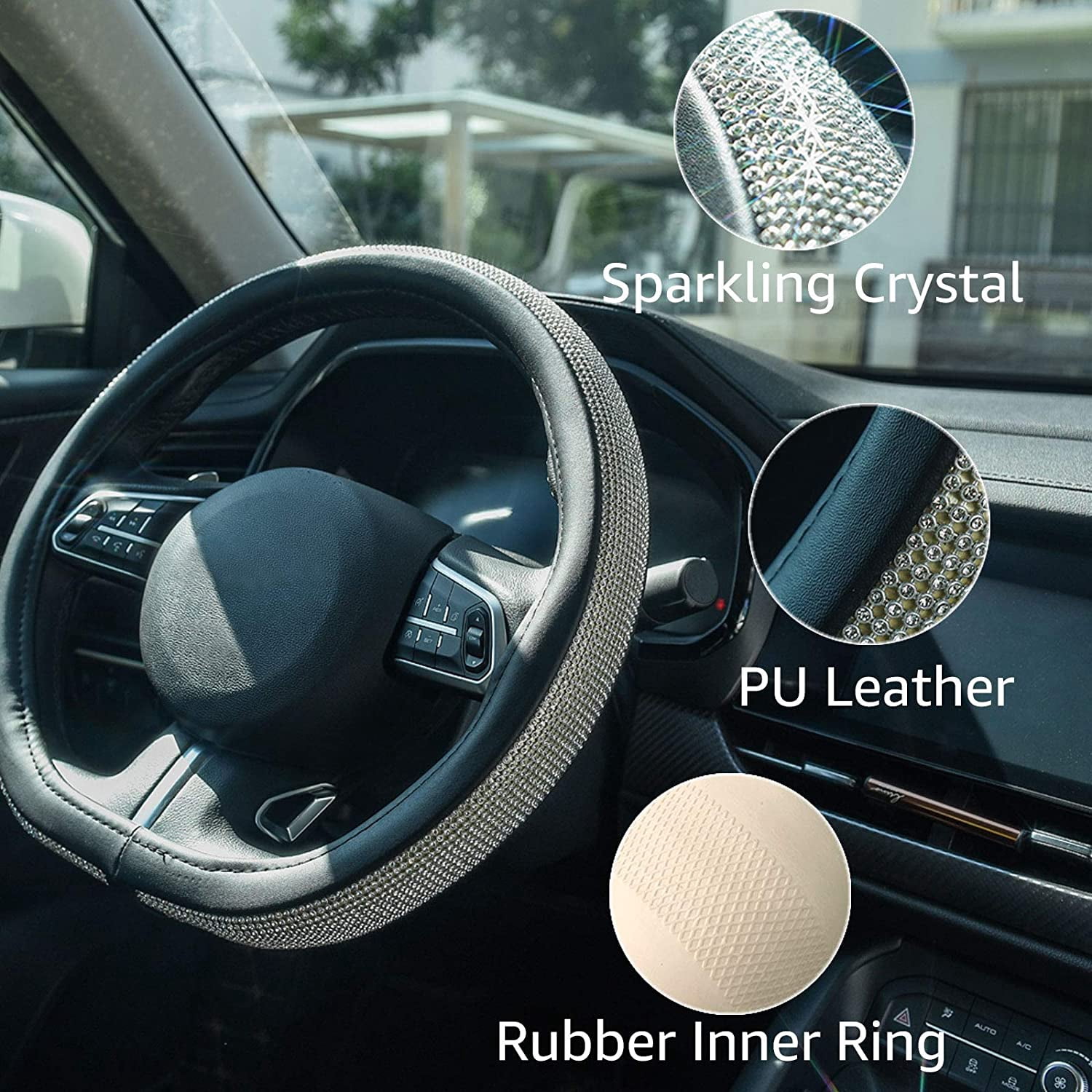 General D Sharp Diamond Leather Steering Wheel Cover with Bling Bling Crystal Rhinestones, Universal Fit 15 Inch Car Wheel Protector for Women Girls,Black