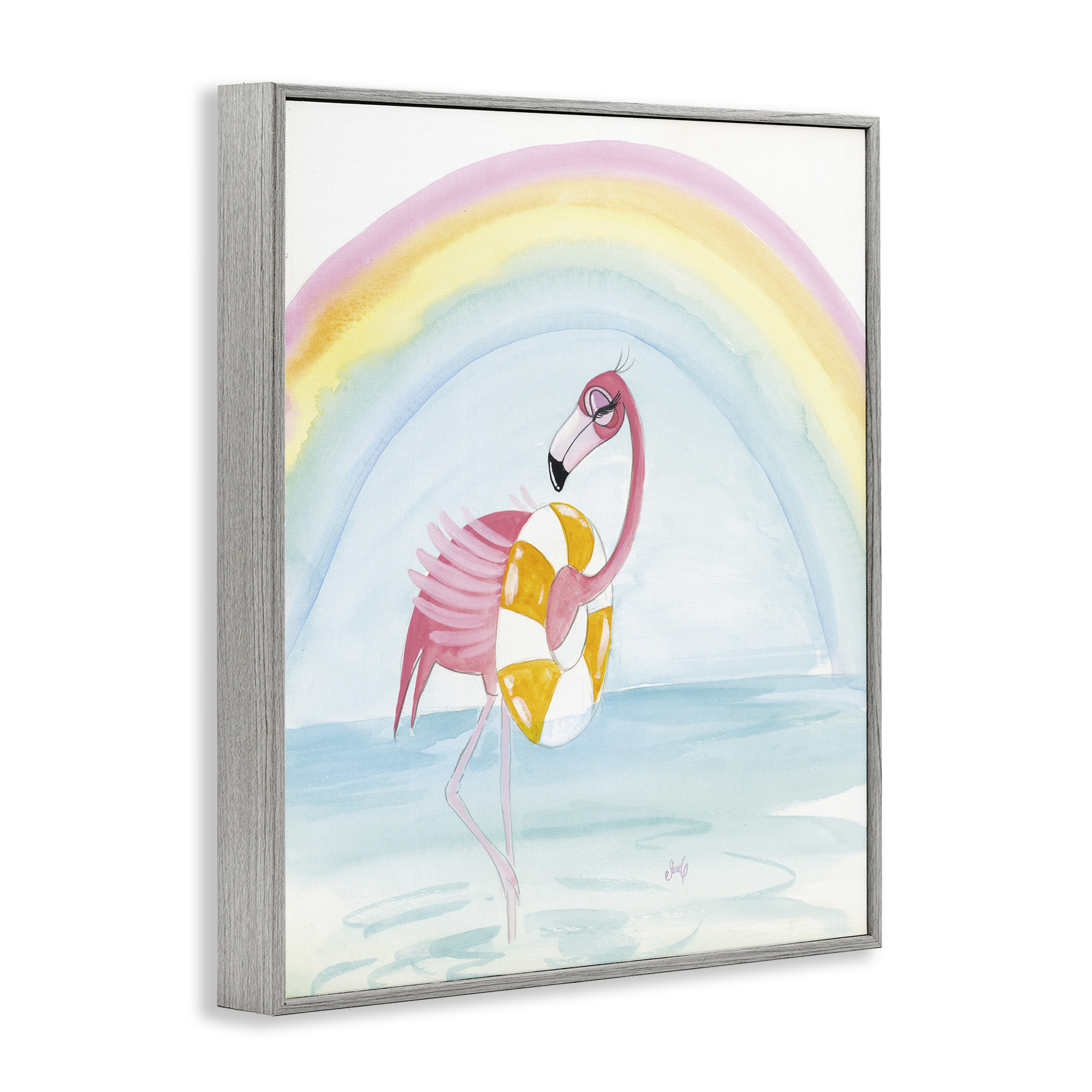 Stupell Industries Summer Beach Flamingo Coastal Painting Gray Framed Art Print Wall Art, 11 x 14