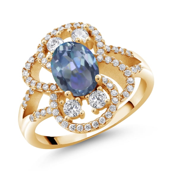 Gem Stone King 18K Yellow Gold Plated Silver Statement Ring Set with Oval Cassiopeia Mystic Topaz (2.82 cttw) (Size 5)