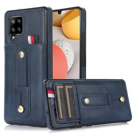 Designed for Samsung Galaxy A42 5G Wallet Case with Adjustable Wrist Strap Kickstand PU Leather Credit Card Holder Heavy Duty Shockproof Hybrid Rugged Protective Cover for Women Men 6.6",Blue