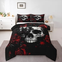 Homewish Gothic Skull 3-Piece Full Size Comforter Sets For Female Men Adults,Red Rose Bedding Comforter Set,Chic Flowers Lightweight Bedding Sets,Exotic Style Bedroom Decor,Reversible