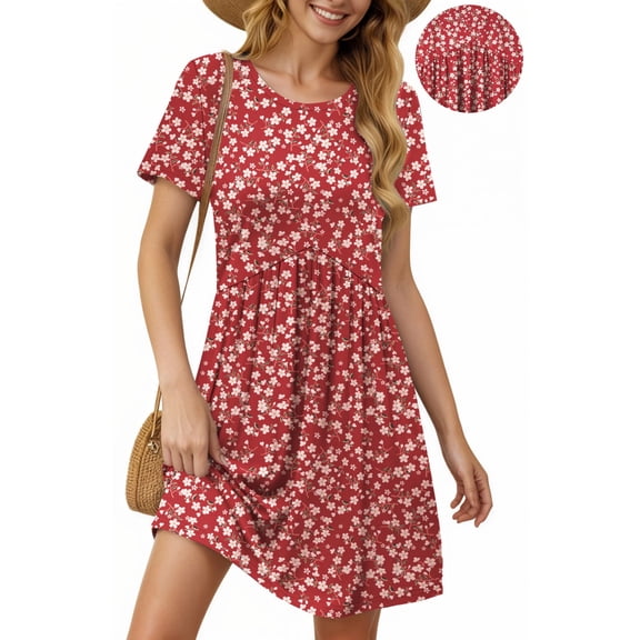 UVN Summer Dresses for Women Short Sleeve Pleated Midi Dress Casual Tunic Dresses with Pockets