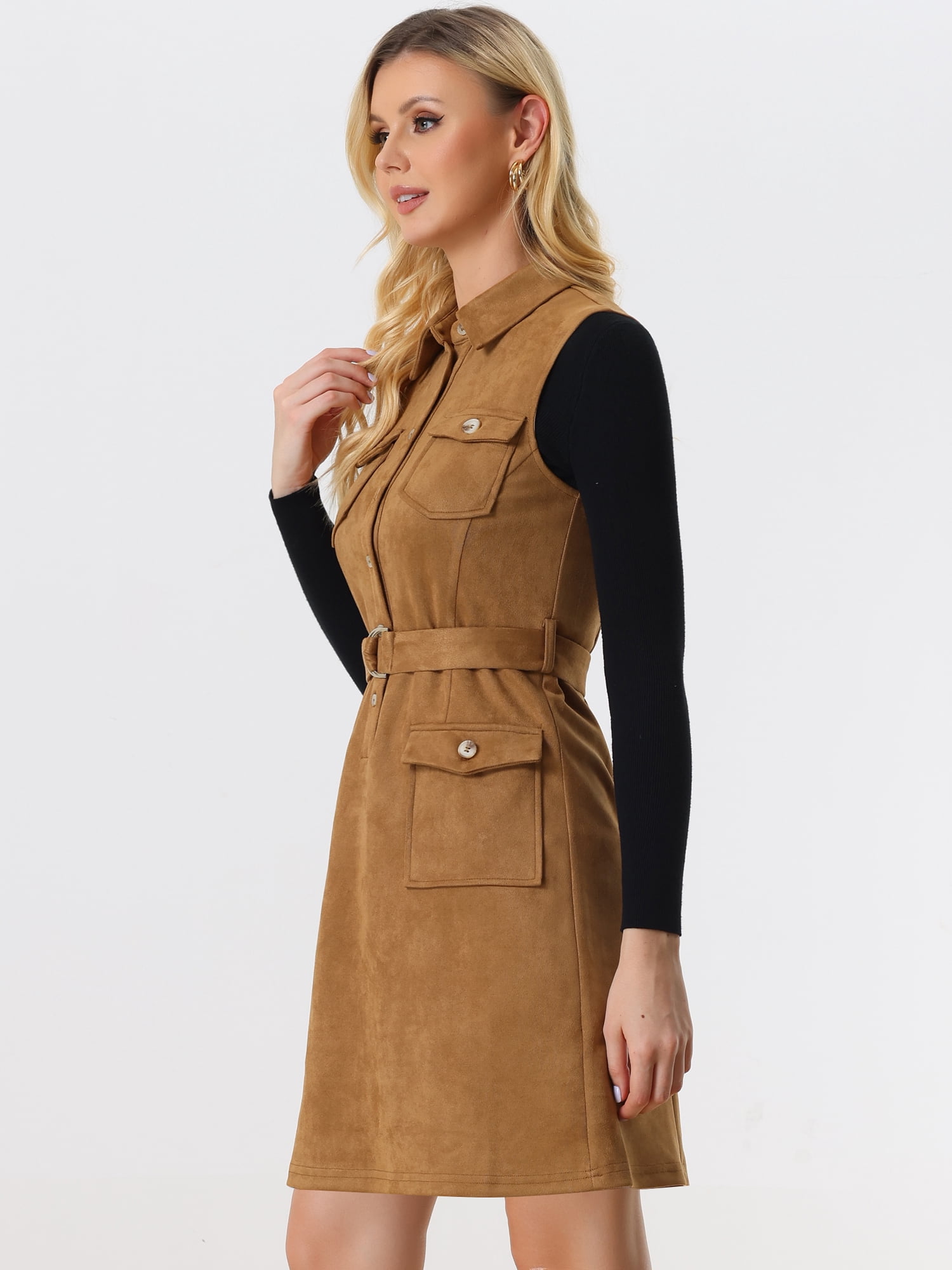 DARING DIVA Faux Suede Turn Down Collar Tie Waist Button Down Mini Dress XS Brown