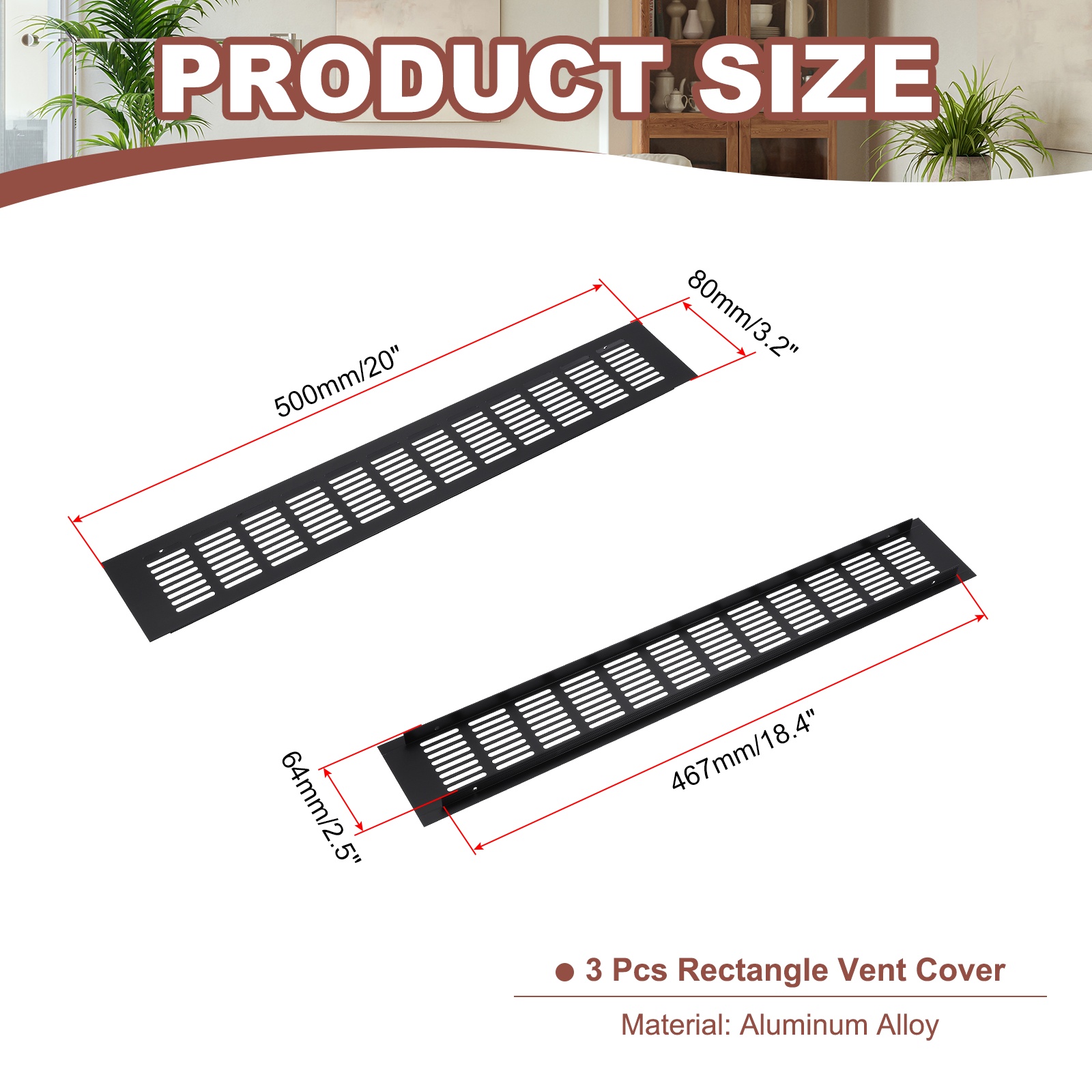 Uxcell 20 x 3.2" Rectangle Ventilation Grille 3Pcs Aluminum Air Vent Cover Black