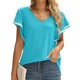 thumbnail image 1 of Camisa de manga con volantes Dolman Cuello en V Color puro Elástico Suelto Transpirable Top de verano para mujer Azul L, 1 of 5