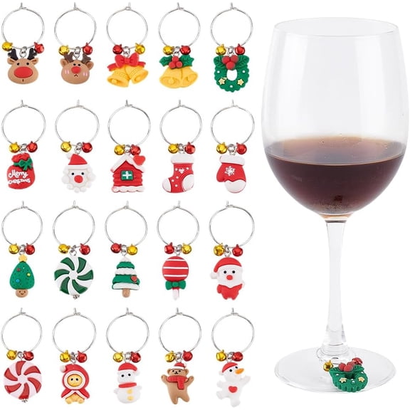 20Pcs 20 Styles Christmas Wine Glass Charms Rings Tasting Party Favors Glass Markers Identification grape Charms for Christmas Holiday Party Supplies
