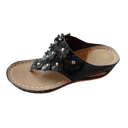 GHSOHS Womens Sandals Casual Heeled Sandals Flip-Flops Slippers Thong Sandals for Women Solid Leather Flower Decoration Clip Toe Slope Heel Thick Sole Sandals Beach Shoes Casual Shoes