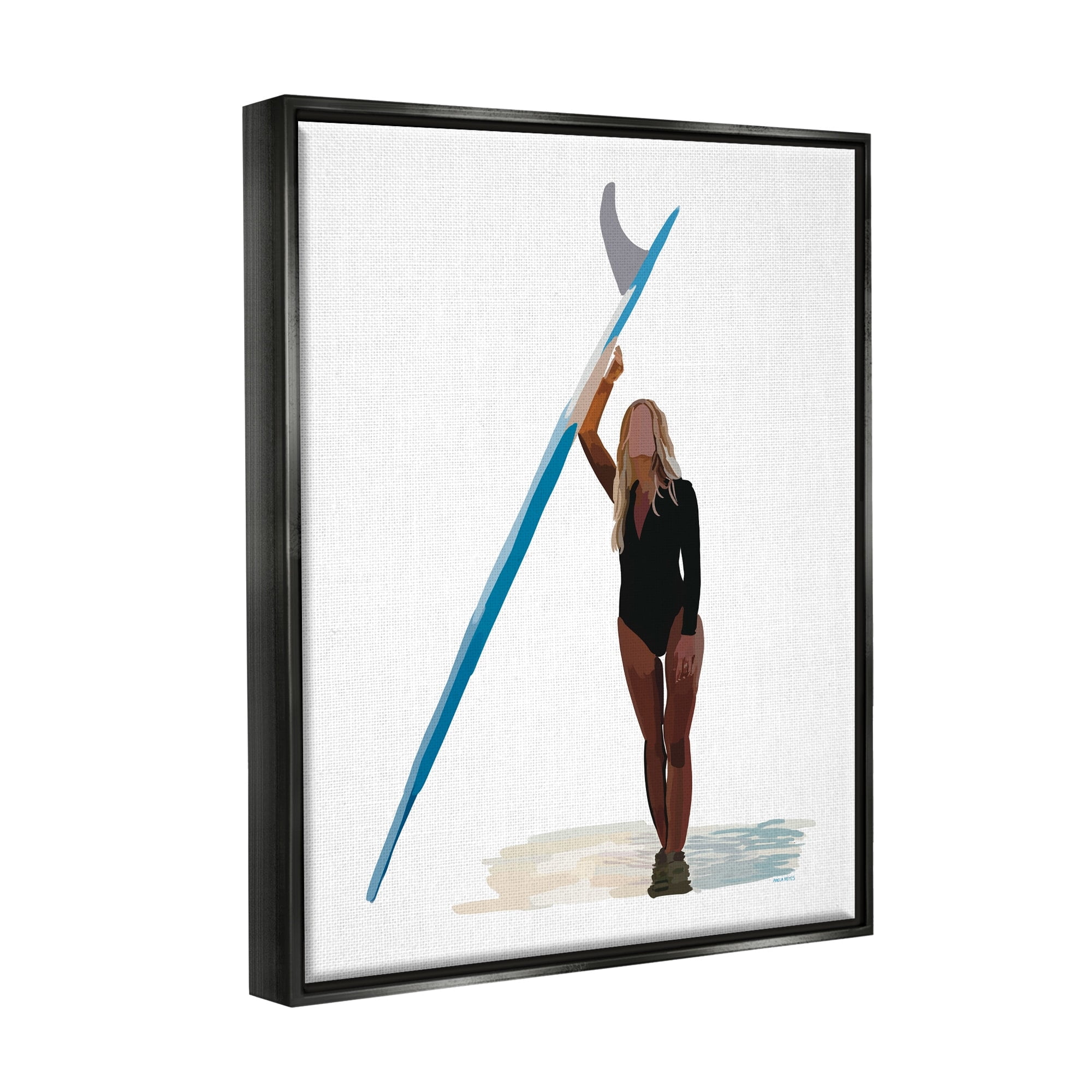 Stupell Industries Athletic Surfing Girl Ocean Beach Summer Sport Graphic Art Jet Black Floating Framed Canvas Print Wall Art, Design by Amelia Noyes