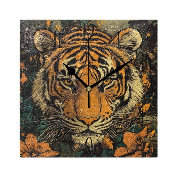 WOBOGO Wildflower Tiger Pattern Wall Clock 7.78 Inch Battery Operated Silent Unit Square Rustic Vintage Style for Home Bedroom Office Black Pointer