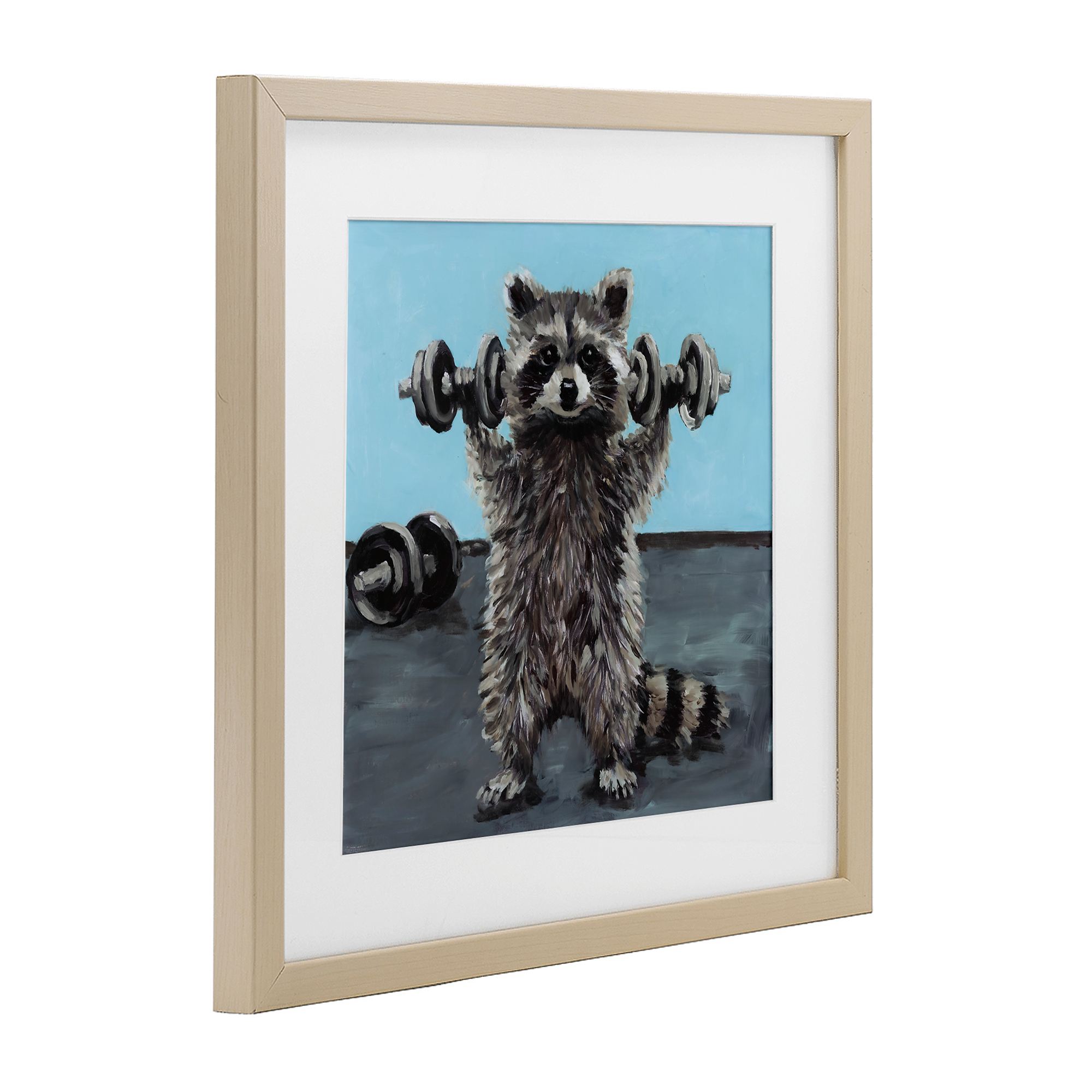 Fitness Raccoon with Weights Birch Framed Print Under Glass, design by Studio Bautista