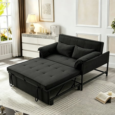 AENKYO 46" Velvet Pull-out Sleeper Sofa Bed, Convertible Reclining Loveseat with 2 Pillows for Small Spaces, Black