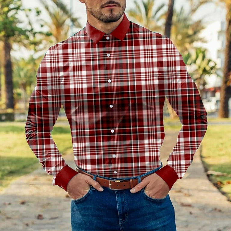 Men's casual outfits wear blue jeans with red plaid shirt, brown