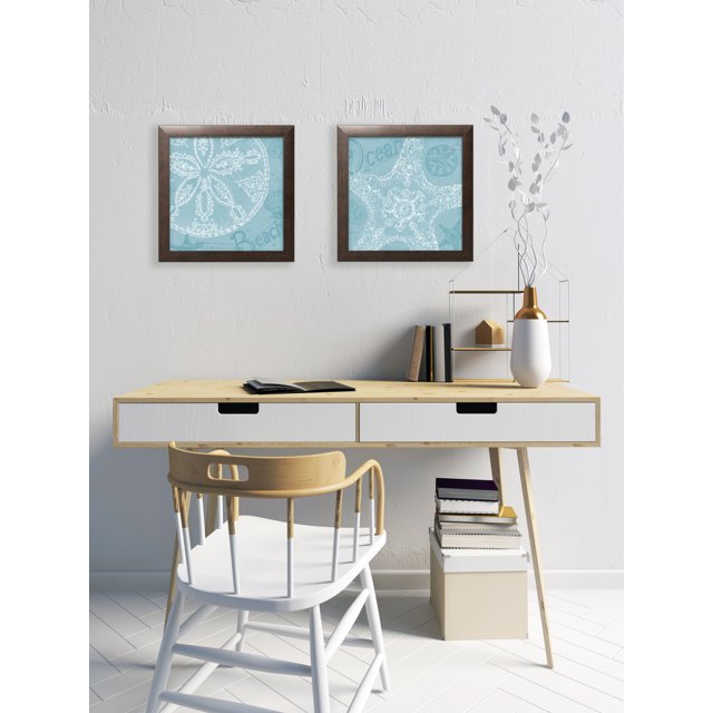 Gango Home Decor Aqua Treasure | Lovely Under the Water Sand Dollar & Starfish Set; Two 12x12in Art Prints in Brown Frames