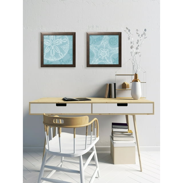 Gango Home Decor Aqua Treasure | Lovely Under the Water Sand Dollar & Starfish Set; Two 12x12in Art Prints in Brown Frames
