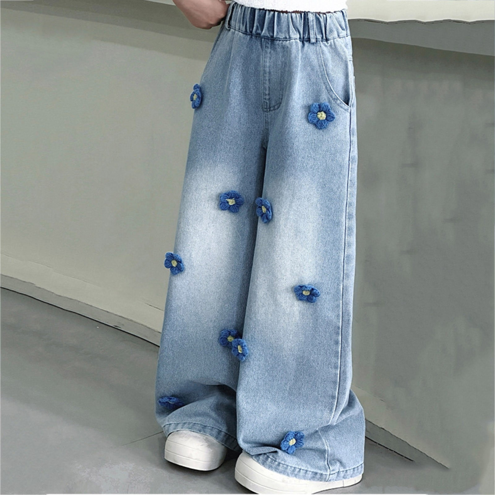 Karoyedx Teen Jeans Girls Baggy Jeans Wide Straight Leg High Waisted Denim Pants Fashion Y2k Boyfriend Skater Streetwear Blue Size,12-13 Years