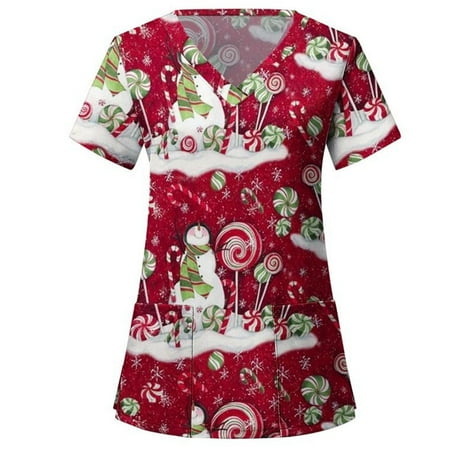 

Christmas Scrubs Womens Printed Medical Uniform Nursing Scrub Tops Flowers Shirt
