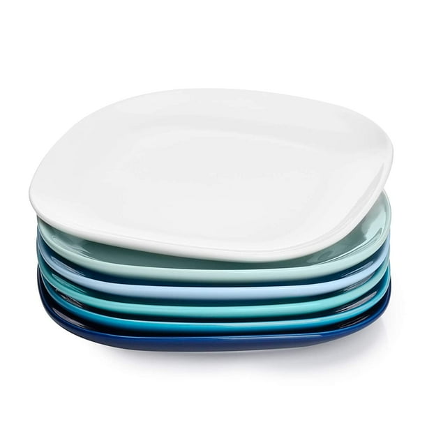 Sweese 153.003 Porcelain Square Dessert Salad Plates 7.4 Inch Set of 6, Cool Assorted Colors