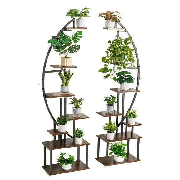 KFFKFF Indoor Plant Stand with Integrated Grow Lights, 65.5 in Tall 7-Tier Shelf, Set of 2 Metal Corner Holders, Adjustable Timer & Brightness, Half-Moon Design Flower Display Rack for Home Spaces