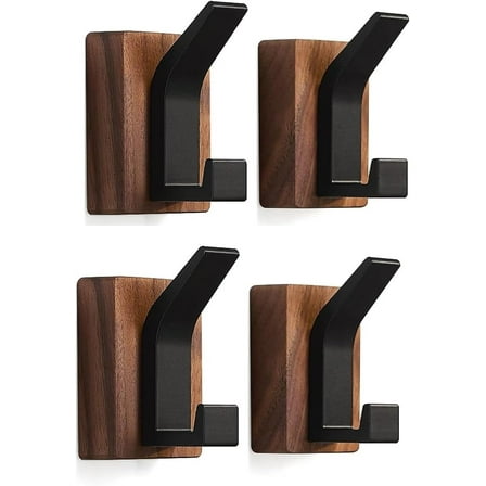 Walnut & Aluminum Rustproof Wall Hooks, Coat & Hat Hangers, 4-Pack, Brown