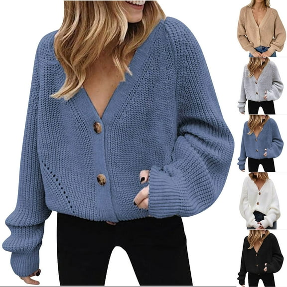 LOVZFMLL Women's Sweaters V-Neck Ribbed Cardigan Sweaters Solid Color Button Casual Loose Long Sleeve Tops Warm Fall Winter Clothes