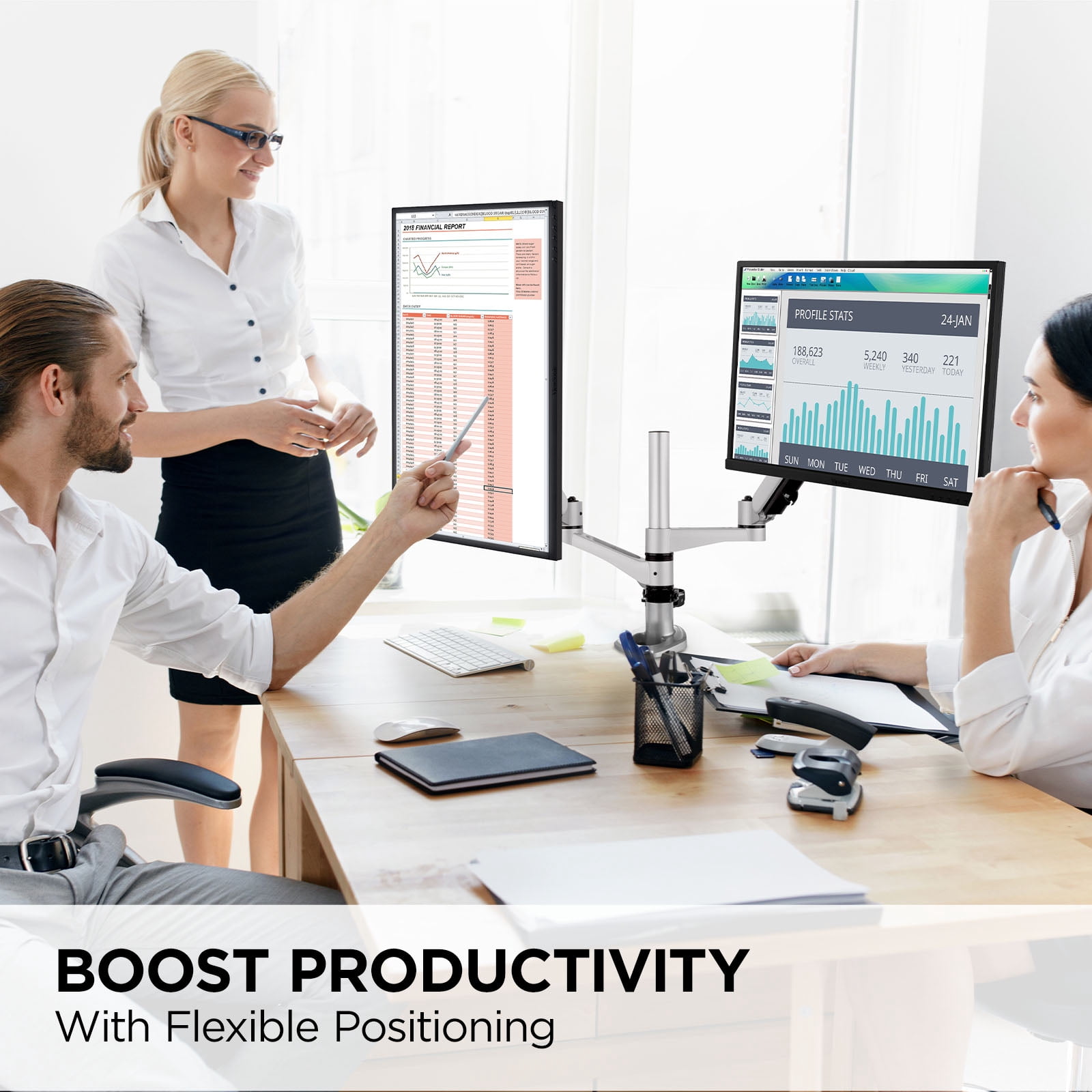 Spring-Loaded Dual Monitor Mounting Arm for Two Monitors up to 27 Inches Each VESA 75x75 and 100x100mm Compatible