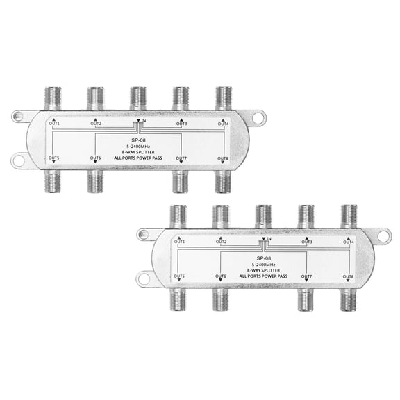 Uxcell 2Pcs Divisor de Cable Coaxial de 8 Vías, Conector Tipo F de 5-2400 MHz, Distribuidor de Señal de Baja Pérdida para TV, Antena de Satélite, Módem, Teatro en Casa, HDTV, CATV, Tono Plateado