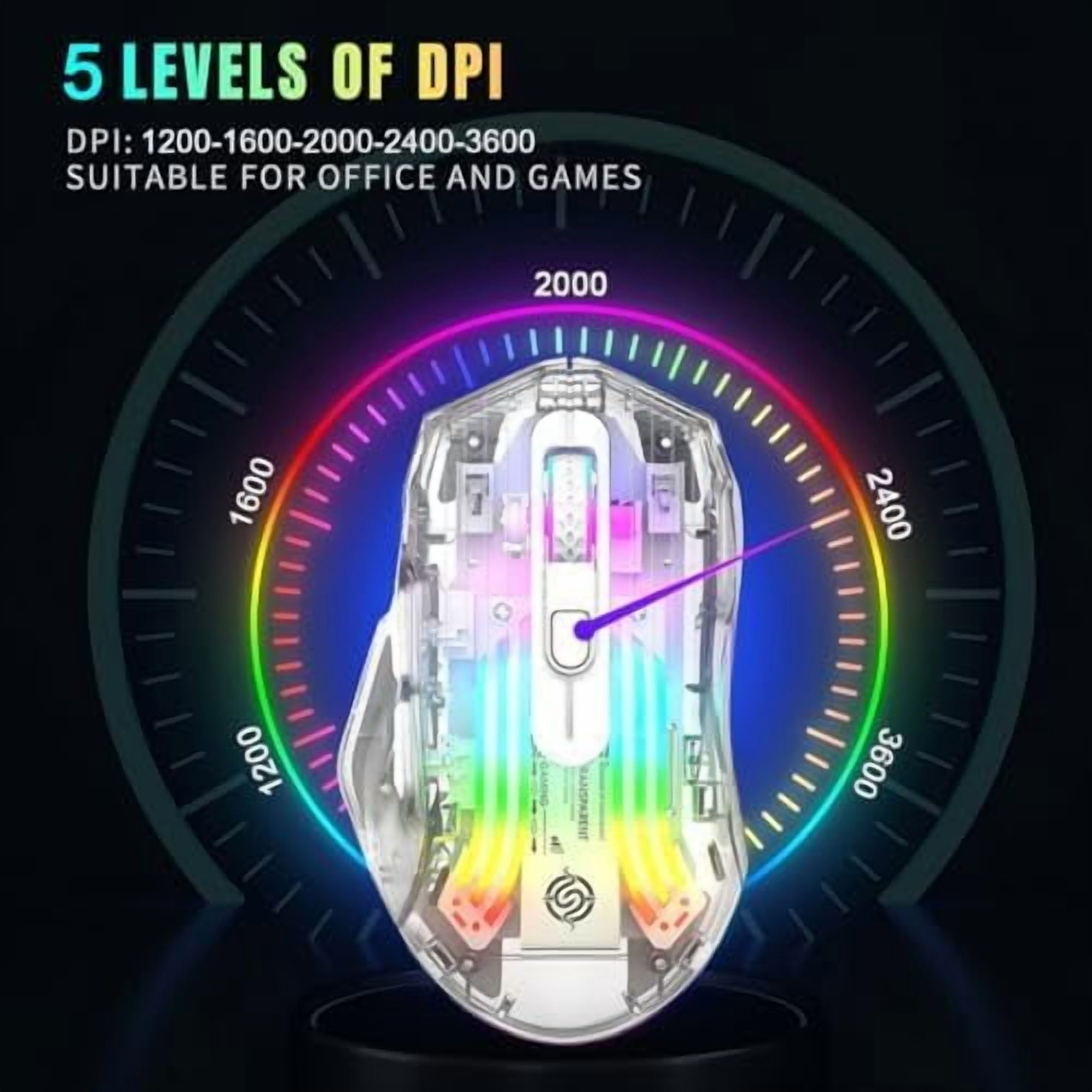 Tri-Mode Wireless Gaming Mouse, 2.4G/Bluetooth/USB-C Wired, Transparent Chroma RGB Mouse, 3600 DPI Optical Computer Mouse for PC Laptop Esports (White/Black)