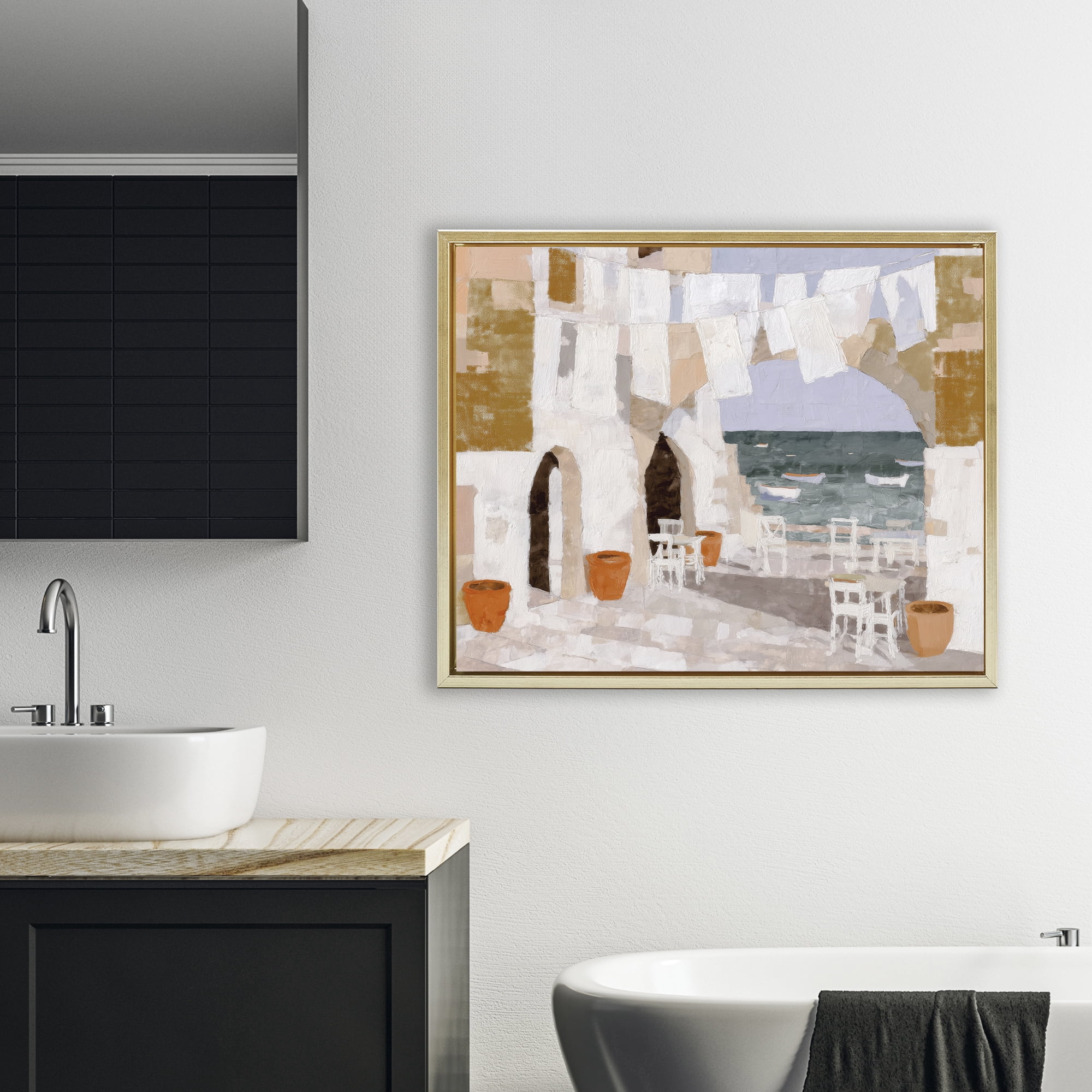 Stupell Industries Coastal Village Plaza Laundry Gold Framed Floater Canvas Wall Art, design by Chromatic Storm Studio