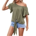 thumbnail image 5 of Off Shoulder Tops for Women Ruffled Sleeve Knot Front Ladies Shirt Solid Loose Fitting Flowy Womens Blouses Fashion Trendy Summer Outfits 2025, 5 of 9