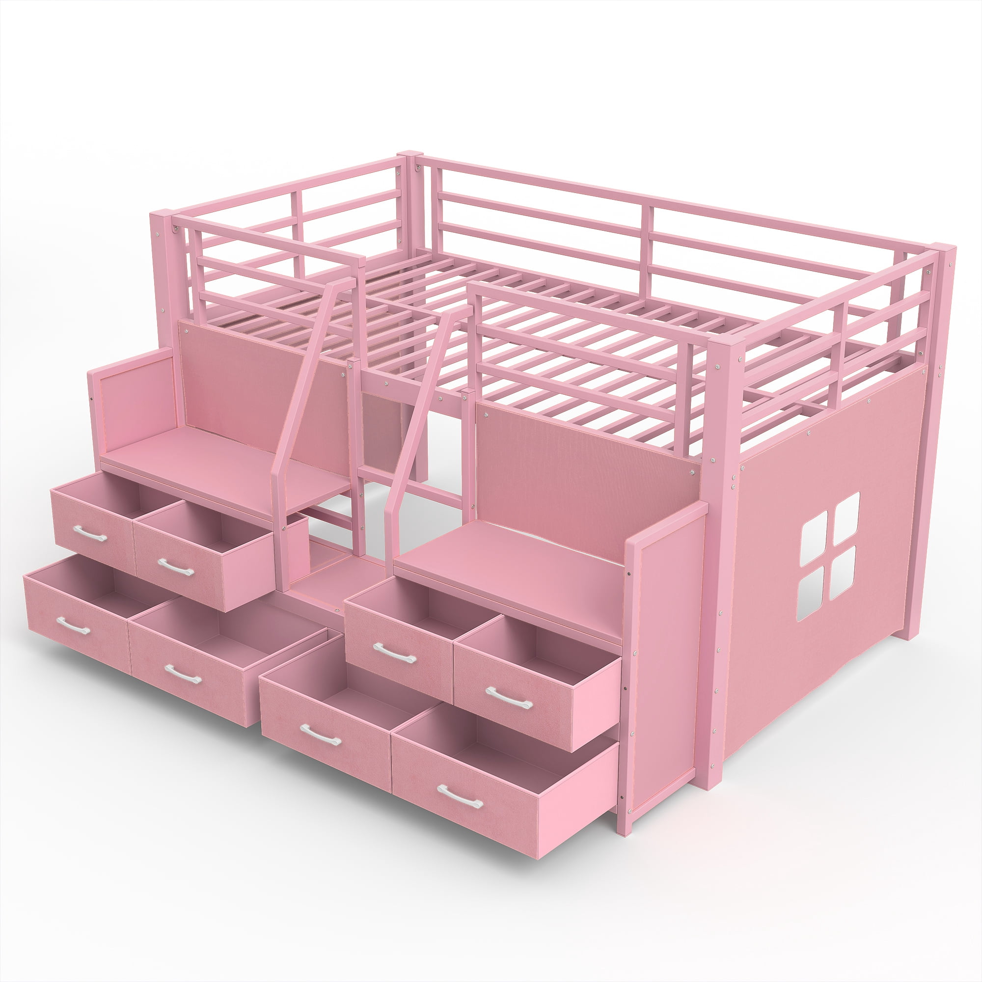 Aukfa Twin Low Loft Bed with 8 Storage Drawers, Shelves & LED Lights, Metal Loft Bed for Kids Bedroom, Pink