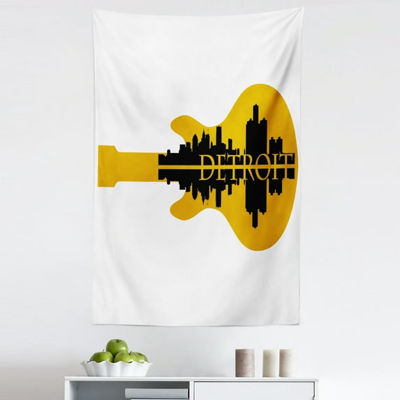Detroit Tapestry, High Rise Buildings Silhouette Reflection Electric Guitar Instrument Music Theme, Fabric Wall Hanging Decor for Bedroom Living Room Dorm, 5 Sizes, Yellow Black, by Ambesonne