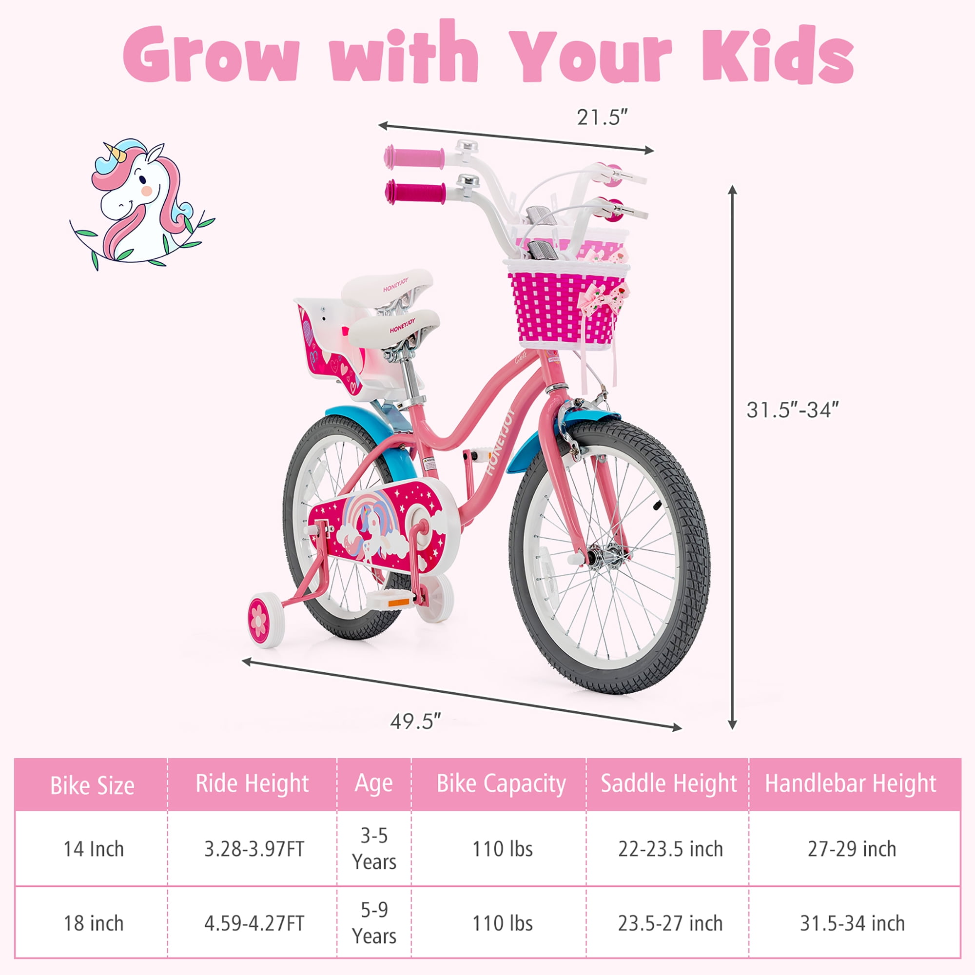 Honeyjoy 18 Inches Kids Bicycle with Training Wheels & Basket for Boys & Girls Age 5-9 Years