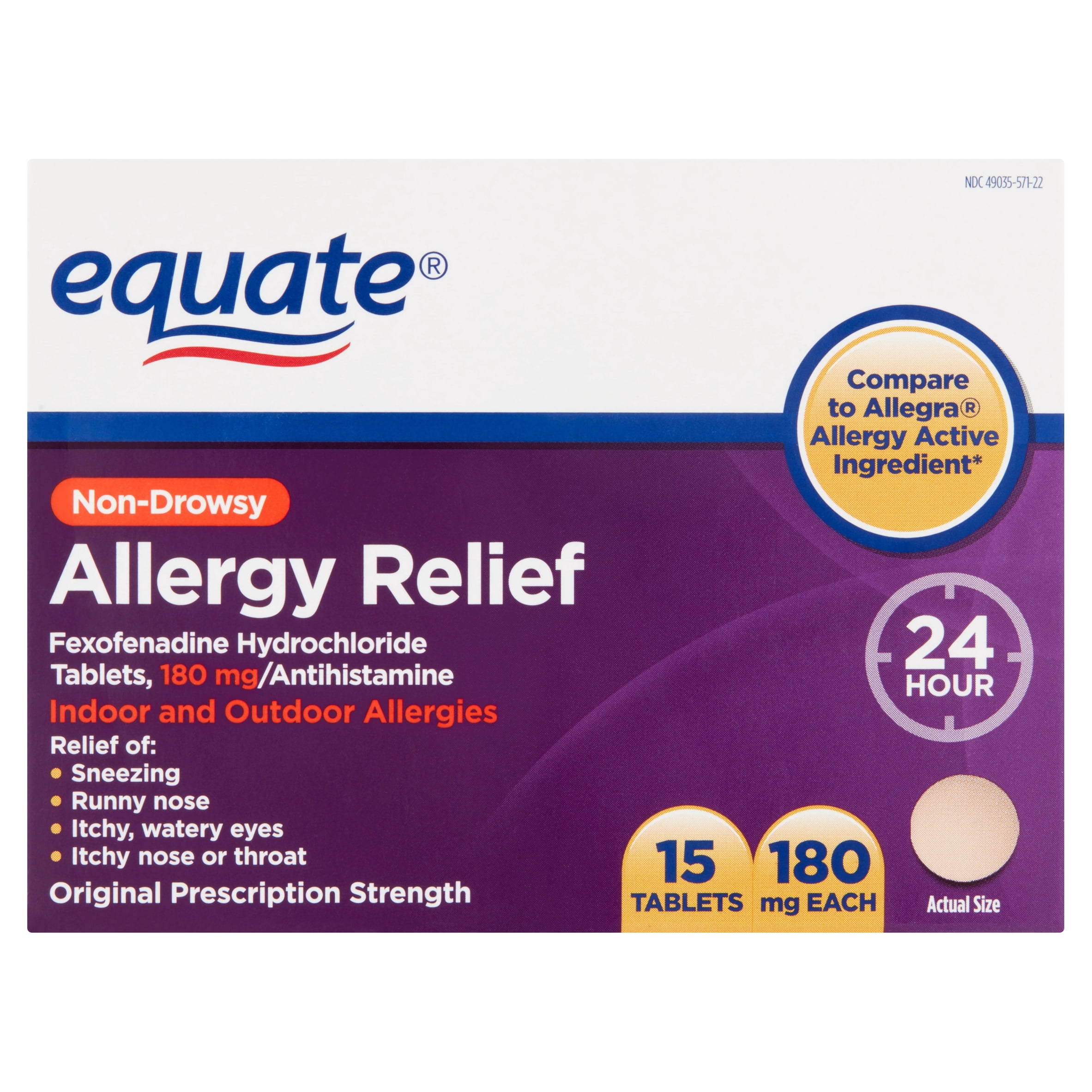 Equate Non-Drowsy Allergy Relief Tablets, 180 mg, 15 Count