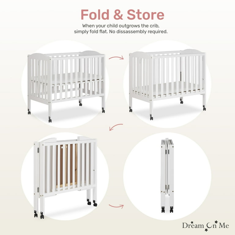 Dream On Me 2-in-1 Folding Portable Mini Crib in White, Mattress