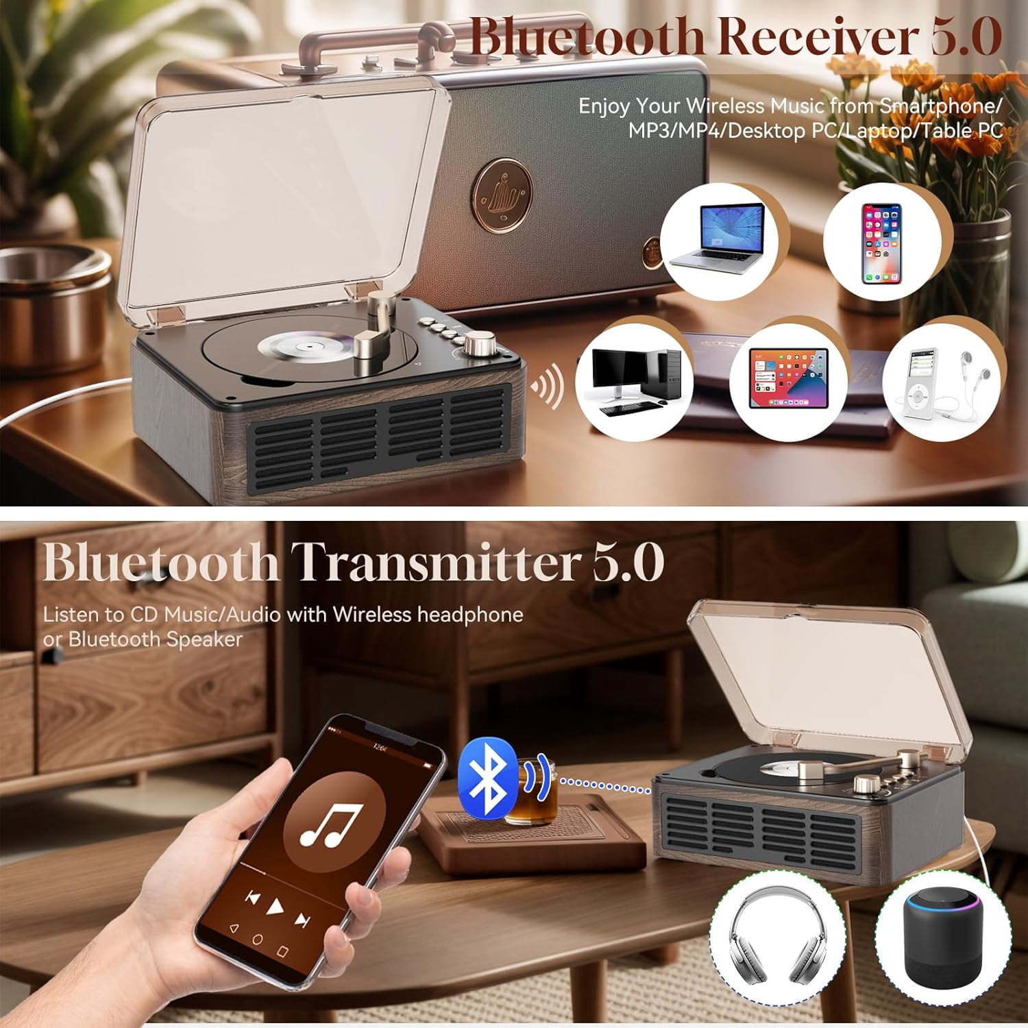 Gueray CD Player with Hifi Stereo Sound Vintage CD Player Bluetooth CD Raido Player with Speakers & FM Radio Retro Support USB & AUX Playback for Audio Books