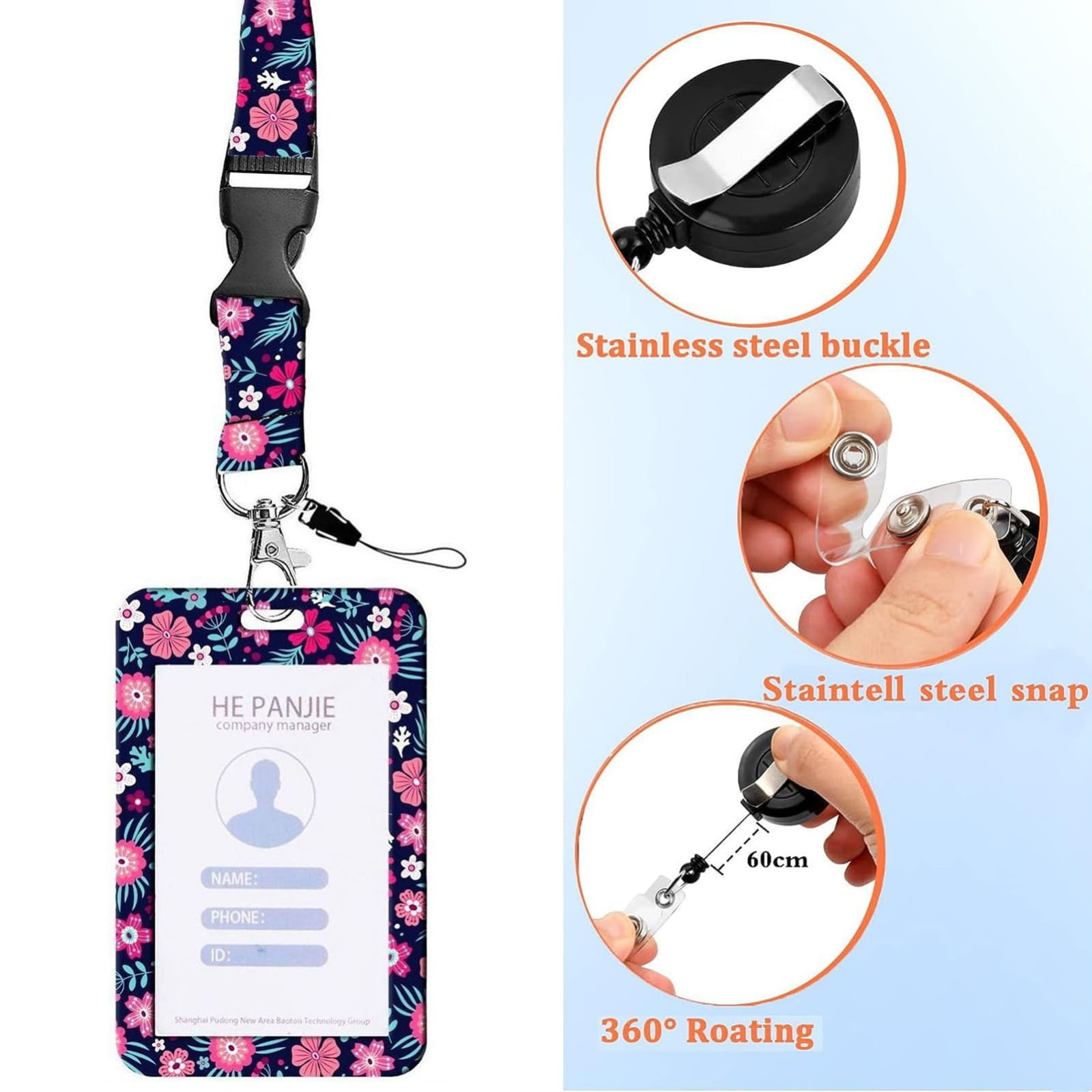 Qyaukm 3PC Sliding Badge Holder Vertical Plastic Card Cover with Retractable Badge Reel Carabiner and Detachable Lanyard Strap Hard Card Protector for Id Credit Proximity Key Card Driver's License