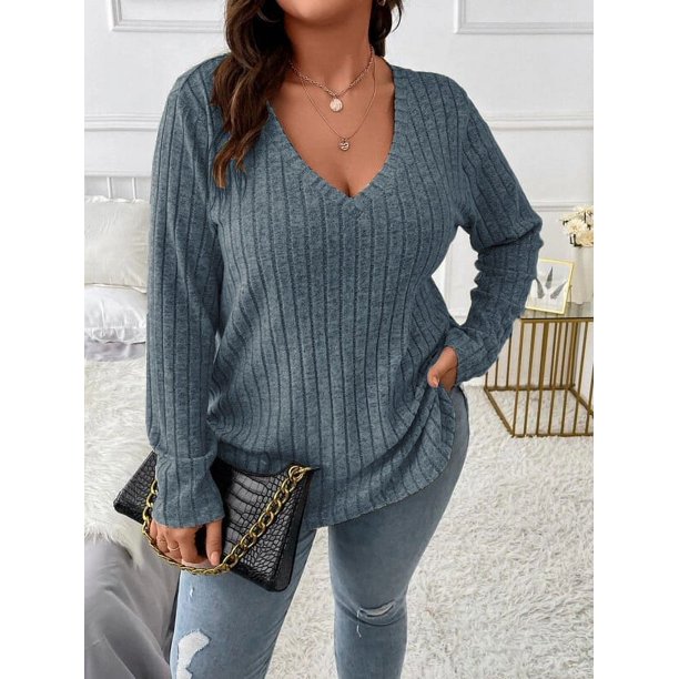 Camiseta holgada de polar de manga larga con cuello en V y color liso de otoño e invierno para mujer de talla grande