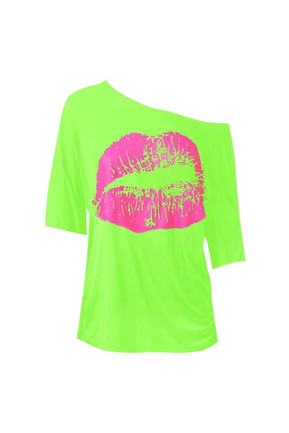 Womens T Shirts Women's Casual Off Shoulder Shoulder Nostalgic Big Lip Print 80s Clothing Women's Shoulder Medium Sleeved T Shirt Tops for Women