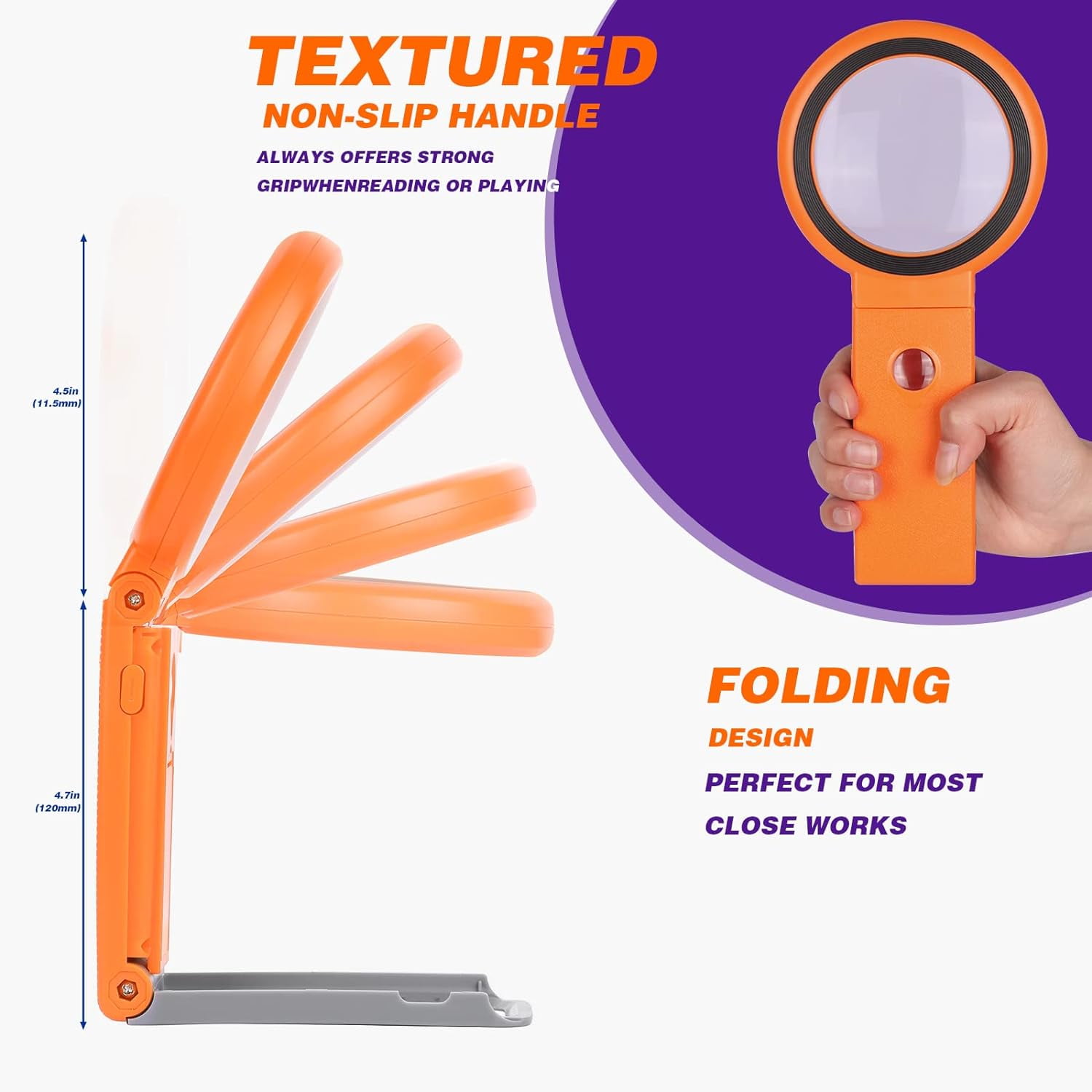 Magnifying Glass with Light and Stand, Foldable Handheld 18 LED Illuminated Lighted Magnifier for Macular Degeneration, Seniors Reading, Close Work, Coins, Jewelry Orange